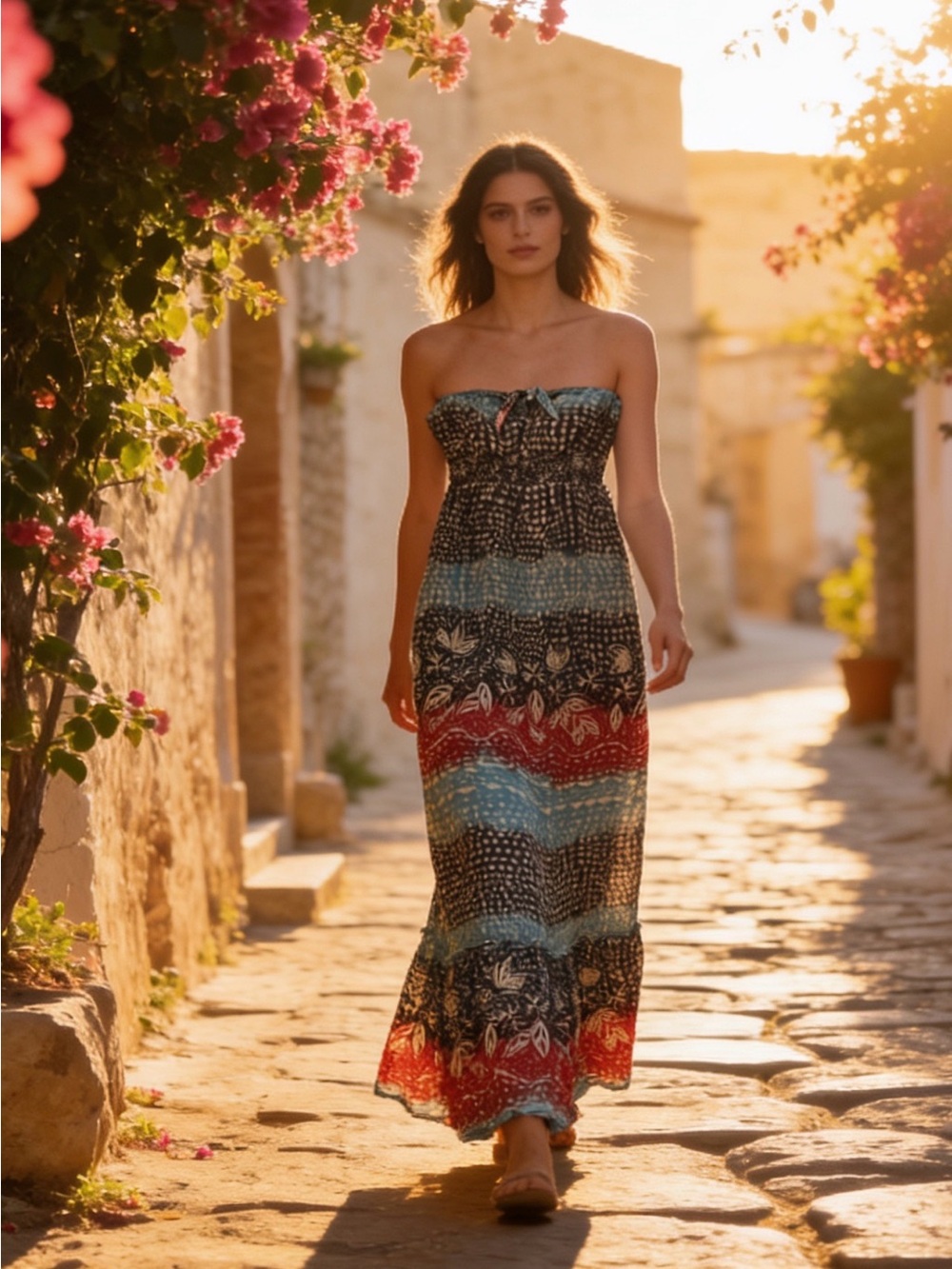 Roxy Strapless Maxi Dress in Black, Blue & Red Print